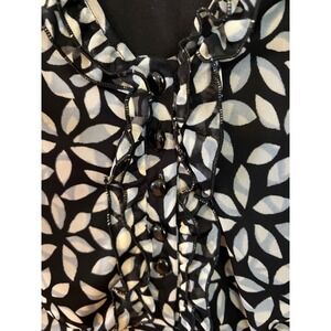Studio 1940 Womens Black White Leaf Print Mesh Ruffle Neck Blouse Plus 14/16W